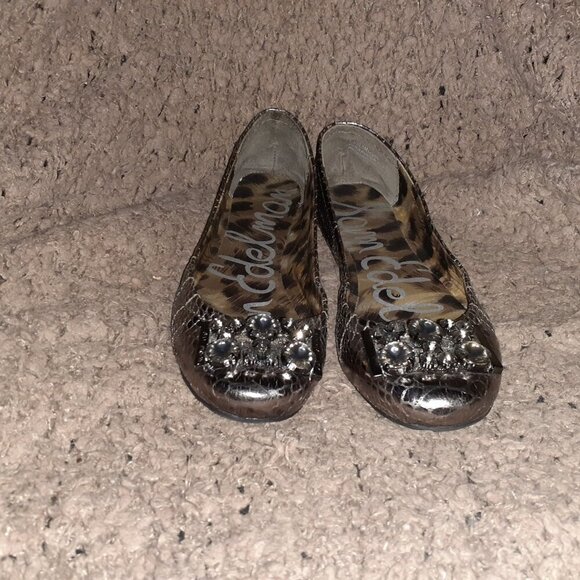 SAM EDELMAN-Caper-Metallic Snakeskin Ballet-Rhinestone Embellished-Sz 37.5-EX - Picture 3 of 8